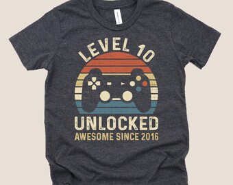 10 Year old Boy Gift, 10th Birthday Shirt, Level 10 Unlocked Shirt, Awesome Since 2016 Shirt
