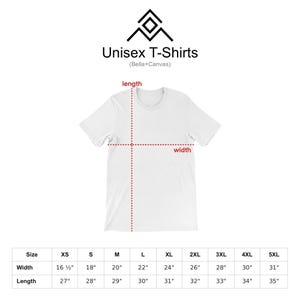 a white t-shirt with measurements and a logo for unisex t-shirts.