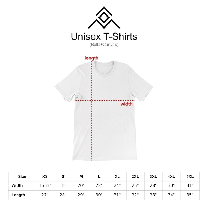 a white t-shirt with measurements and a logo for unisex t-shirts.
