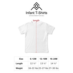 a white t-shirt with measurements and weight information, indicating the size and weight of the infant t-shirt.