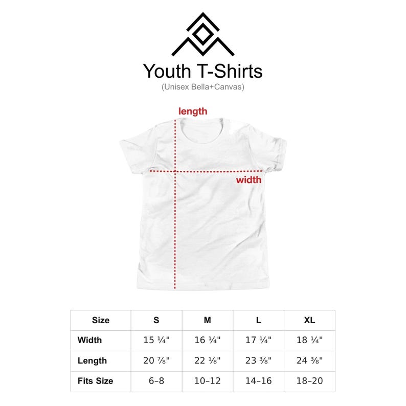 a white t-shirt with measurements and fits size information, including a table with size categories and corresponding widths and lengths.