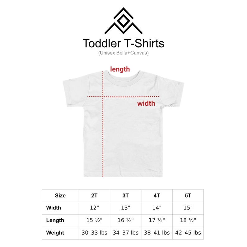 a white toddler t-shirt with measurements and a logo for Toddler T-Shirts.