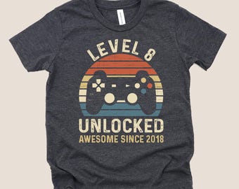 8 Year old Boy Gift, 8th Birthday Shirt, Level 8 Unlocked Shirt, Awesome Since 2018 Shirt