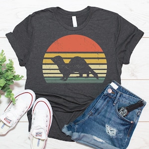 May include: A dark charcoal gray short-sleeve t-shirt featuring a distressed graphic of a ferret silhouette centered within a circular sunset design composed of horizontal stripes in shades of orange, yellow, and muted green.
