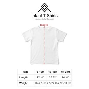 a white t-shirt with measurements and weight information, indicating the size and weight of the infant t-shirt.