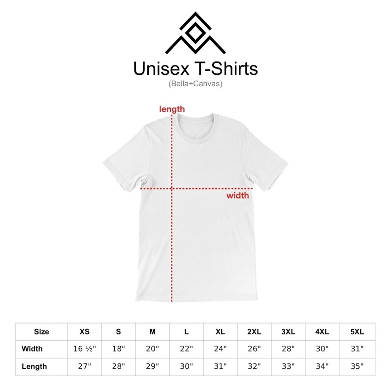 a white t-shirt with measurements and a logo for unisex t-shirts.