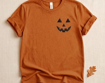 Embroidered Jack-o'-Lantern Pocket Shirt, Spooky Fall Shirt, Pumpkin Halloween Gift