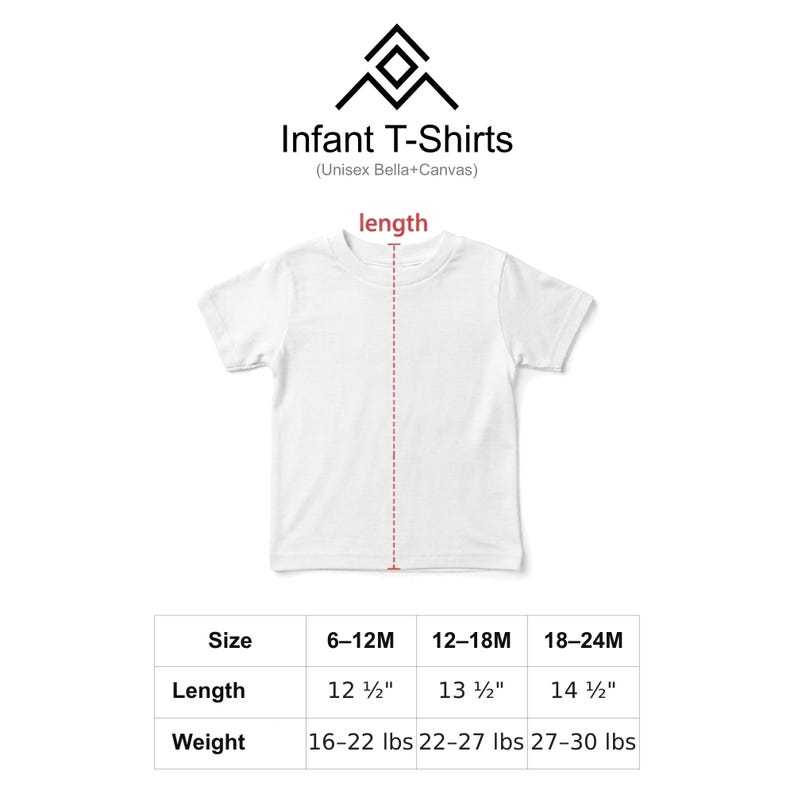 a white t-shirt with measurements and weight information, indicating the size and weight of the infant t-shirt.