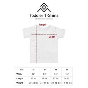 a white toddler t-shirt with measurements and a logo for Toddler T-Shirts.