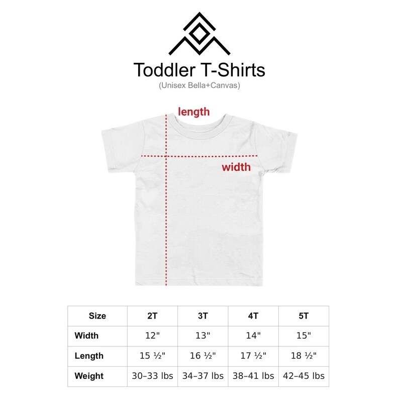 a white toddler t-shirt with measurements and a logo for Toddler T-Shirts.