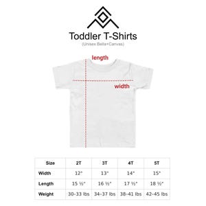 a white toddler t-shirt with measurements and a logo for Toddler T-Shirts.