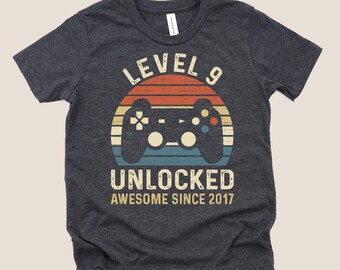 9 Year old Boy Gift, 9th Birthday Shirt, Level 9 Unlocked Shirt, Awesome Since 2017 Shirt