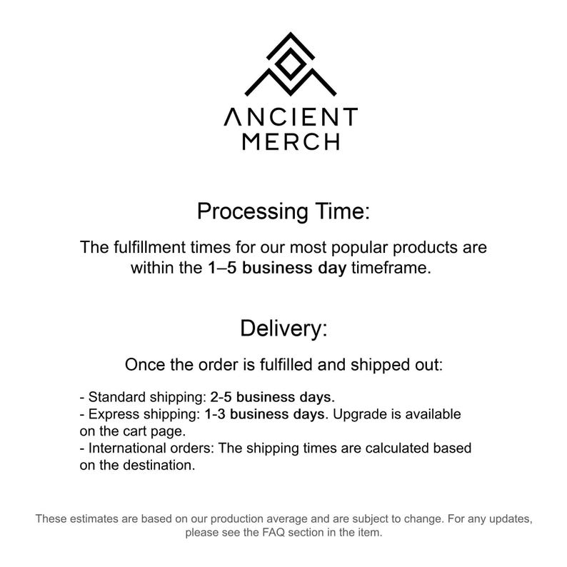 May include: Text explaining the processing and delivery times for orders. The fulfillment times for most popular products are within 1-5 business days. Standard shipping takes 2-5 business days, express shipping takes 1-3 business days, and international orders have shipping times calculated based on the destination.
