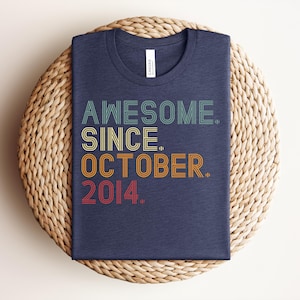 Puede incluir: Una camiseta azul oscuro de cuello redondo con el texto AWESOME. SINCE. OCTOBER. 2014. impreso en un estilo de fuente multicapa de inspiraci&oacute;n retro. La palabra AWESOME es azul claro, SINCE es amarilla, OCTOBER es naranja y 2014 es roja.
