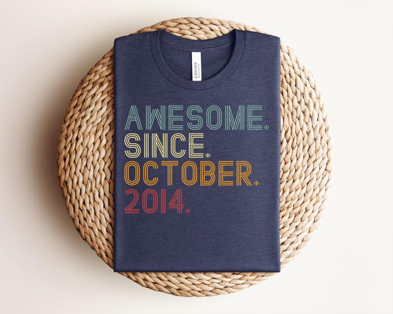 Puede incluir: Una camiseta azul oscuro de cuello redondo con el texto AWESOME. SINCE. OCTOBER. 2014. impreso en un estilo de fuente multicapa de inspiraci&oacute;n retro. La palabra AWESOME es azul claro, SINCE es amarilla, OCTOBER es naranja y 2014 es roja.