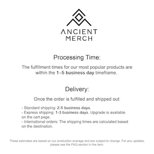 May include: A black and white informational graphic featuring the logo for Ancient Merch at the top. The text provides details regarding processing times, fulfilment, and delivery options, including standard, express, and international shipping.