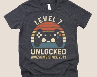 7 Year old Boy Gift, 7th Birthday Shirt, Level 7 Unlocked Shirt, Awesome Since 2019 Shirt