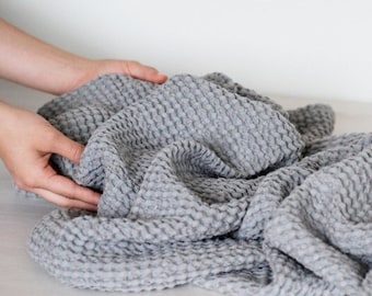 Large Grey Waffle Bath Towel: Linen Cotton Blend, Softened Spa Towel