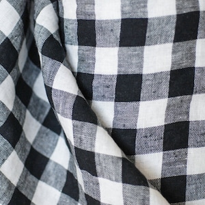 Checked pure linen fabric, Black plaid buffalo check, black white tartan middle weight linen, densely woven for sewing