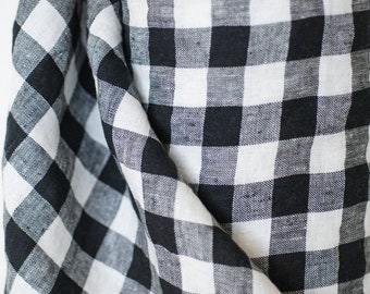 Black and White Buffalo Check Linen Fabric: Plaid Tartan Sewing Material