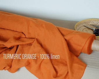 Turmeric orange linen fabric for sewing, pre-washed softened linen, width 145cm (57") middle weight, densely woven for sewing