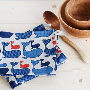 Linen tea towel for kitchen with whales, blue kitchen accessories