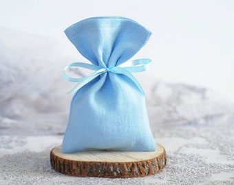 Blue fabric favor bags, set of 10 bags, light blue shower pouches, small ribbon gift bags, wedding favor bags, candy bag