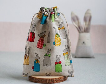 Easter bunny fabric drawstring bag, kids egg hunt bag