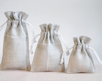 Fabric linen drawstring favor gift bags, undyed natural wedding shower pouches