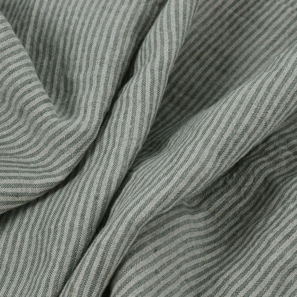 Linen fabric in pale sage green and undyed striped, Densely woven softened linen flax, Prewashed linenfor sewing