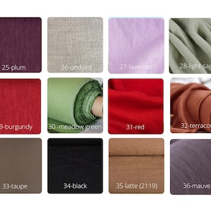 May include: A collection of 12 fabric swatches in various colours, including plum, undyed, lavender, light sage, burgundy, meadow green, red, terracotta, taupe, black, latte, and mauve.