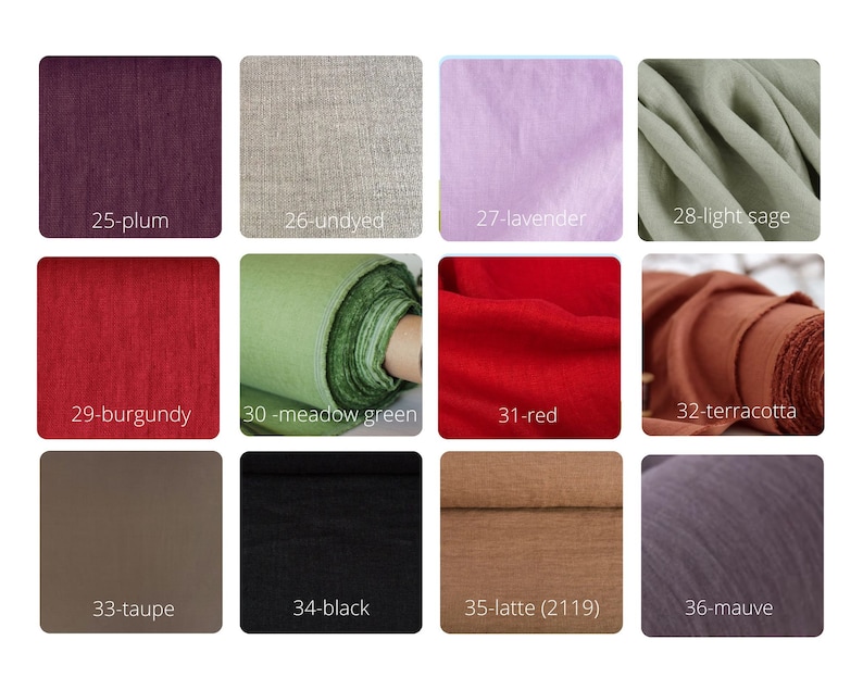 May include: A collection of 12 fabric swatches in various colours, including plum, undyed, lavender, light sage, burgundy, meadow green, red, terracotta, taupe, black, latte, and mauve.