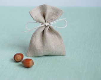 Linen Favor Bags: Undyed Grey Ribbon Pouches, Set of 10