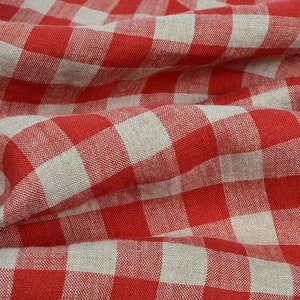 OEKO Tex Certified check linen fabric. Gingham check 2cm, undyed flax/red. Washed-softened. Widht 140cm (55")