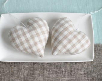 Handmade Organic Linen Heart Decoration: Ivory Tartan & Beige Keepsake