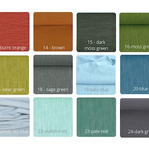 May include: A collection of 12 fabric swatches in various colours, including burnt orange, brown, dark moss green, moss green, pear green, sage green, baby blue, blue, windy sky blue, tealish mint, pale teal, and dark grey.