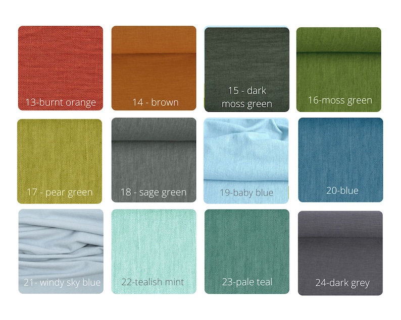 May include: A collection of 12 fabric swatches in various colours, including burnt orange, brown, dark moss green, moss green, pear green, sage green, baby blue, blue, windy sky blue, tealish mint, pale teal, and dark grey.