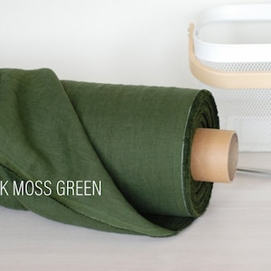 Medium weight dark moss green linen fabric, OEKO Tex Certified softened linen by the yard or meter, linen fabric for sewing