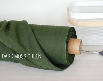 Medium weight dark moss green linen fabric, OEKO Tex Certified softened linen by the yard or meter, linen fabric for sewing