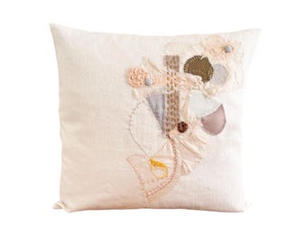 Sashiko Pillow Cover 20x20, Japanese Inspired Linen Pillowcase, Neutral Textile Art Cushion 50x50