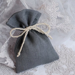 Dark grey linen favor gift bag, wedding jewelry fabric gift pouches, gray fabric sachets, shower baptism gift bags