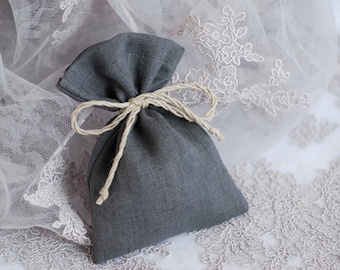 Dark grey linen favor gift bag, wedding jewelry fabric gift pouches, gray fabric sachets, shower baptism gift bags
