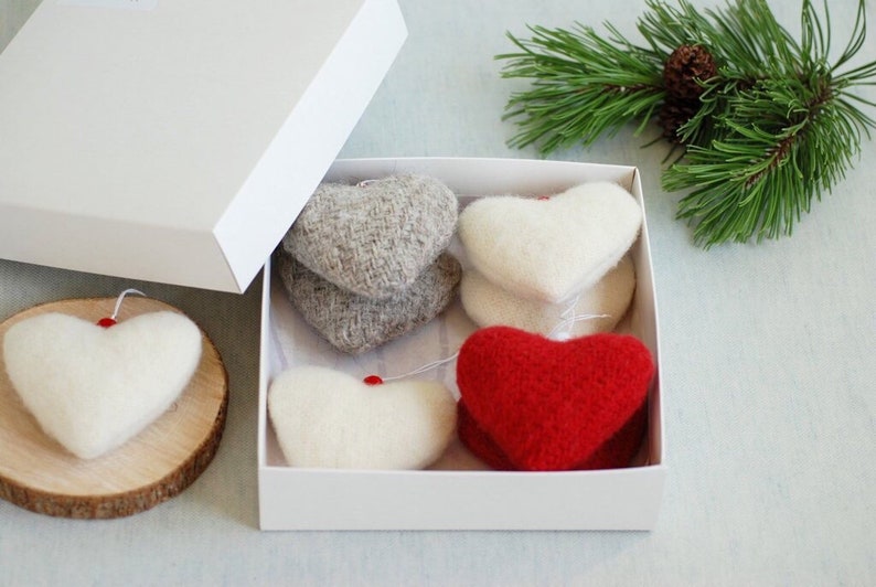 Wool Christmas Hearts Ornaments set of 4 Red Ivory Grey Heart image 0