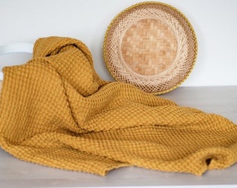 Large Mustard Linen Waffle Bath Towel: Organic Cotton Blend