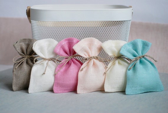 Linen burlap favors gift bags set of 10, fabric wedding gift pouches, party sachets