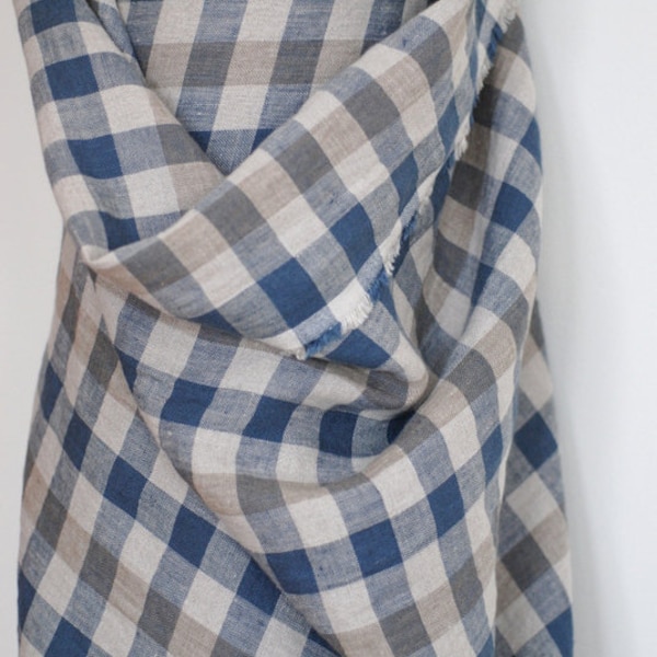 Soft linen fabric with checks in blue beige undyed, Checked flax for sewing, Stonewashed 100% Linen