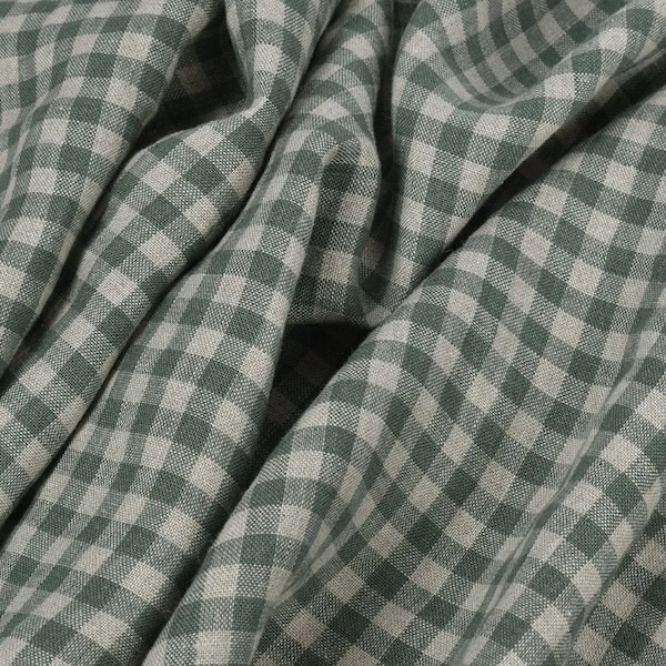 Linen fabric with sage green undyed checks, Washed softened linen flax by meter or yard, Checked flax for sewing