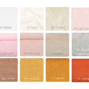 May include: Swatch card displaying 12 different fabric colours, including white, ivory, cream, light peach, light pink, pale rose, beige, stripe beige/ivory, light brown, mustard, ochre, and orange.