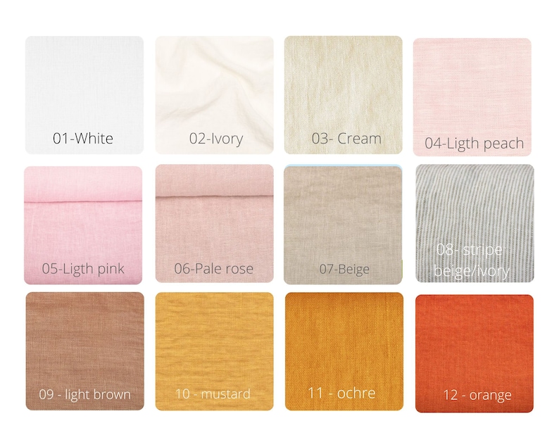 May include: Swatch card displaying 12 different fabric colours, including white, ivory, cream, light peach, light pink, pale rose, beige, stripe beige/ivory, light brown, mustard, ochre, and orange.