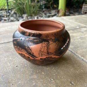 Navajo Horeshair Bowl Vase Unique with Beads - Signed Vail Sr